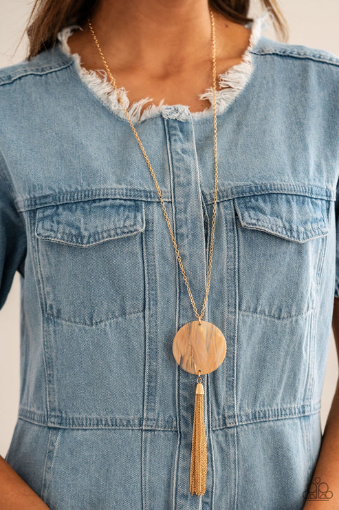 Up FAUX Grabs - Oversized Orange/Gold (Coral) Shell Disc Tassel Necklace N#4554