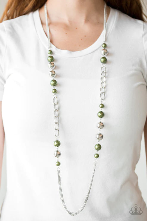 Uptown Talker - Oversized Green/Silver Pearl Chain Drape Necklace N#5551