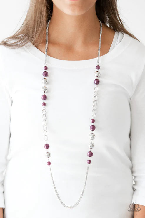 Uptown Talker - Oversized Purple/Silver Pearl Chain Drape Necklace N#2825