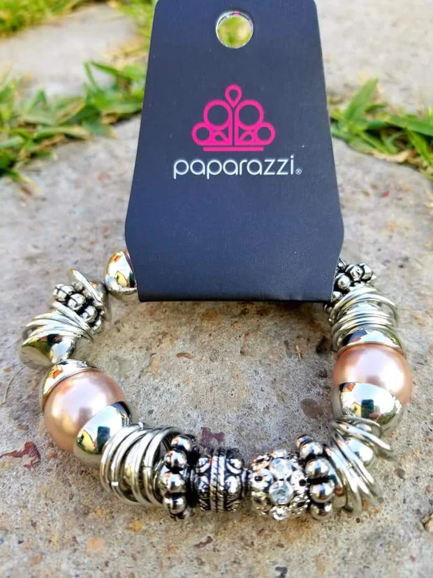 Uptown Tease- Oversized Brown Pearl Mismatched Accent Encrusted Bracelet B#3110