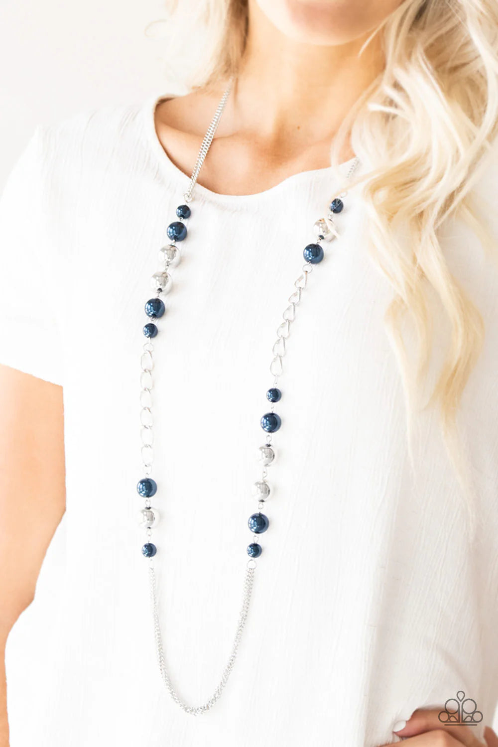 Uptown Talker - Oversized Blue/Silver Pearl Chain Drape Necklace N#7146