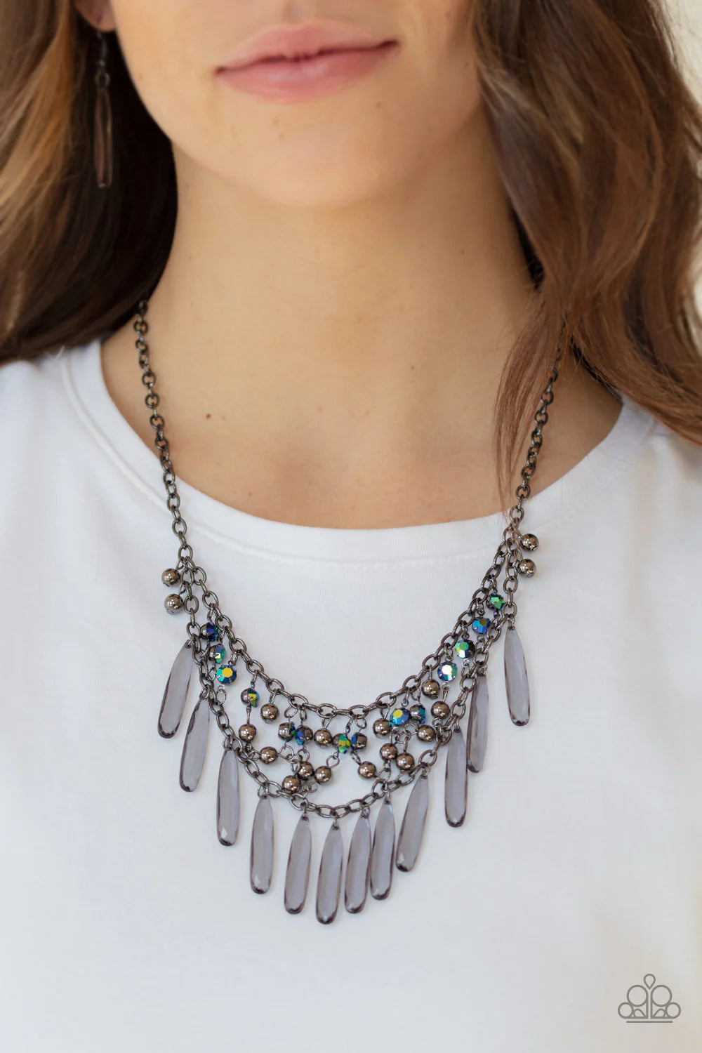 Uptown Urban - Metallic Multi/Gunmetal Smoky Iridescent Connected Web Fringe Necklace N#7133