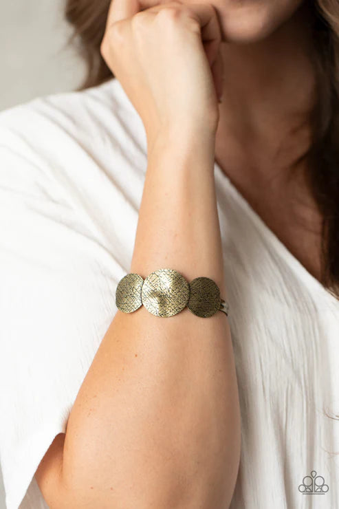 Urban Aftershock - Brass Trio Brass Discs Etched Texture/Hammered Ripples Bold Accent Cuff Bracelet B#7428