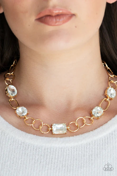 Urban District - Oversized Gold Round/Oval/Emerald Cut Mismatched Ring Necklace N#2731