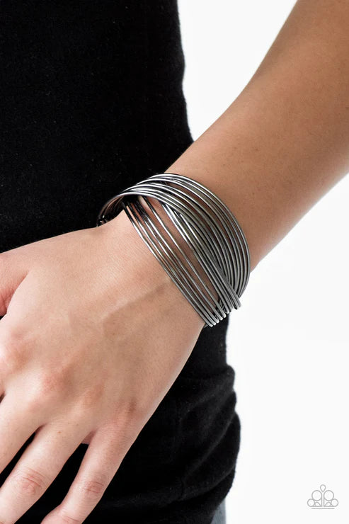 Urban Glam - Oversized Black (Gunmetal) Duo Metallic Rods CrissCross Coalescing Bracelet B#3904