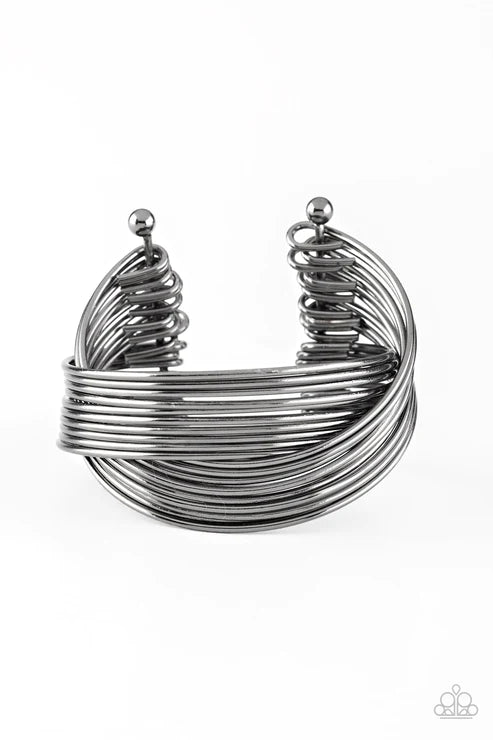 Urban Glam - Oversized Black (Gunmetal) Duo Metallic Rods CrissCross Coalescing Bracelet B#3904