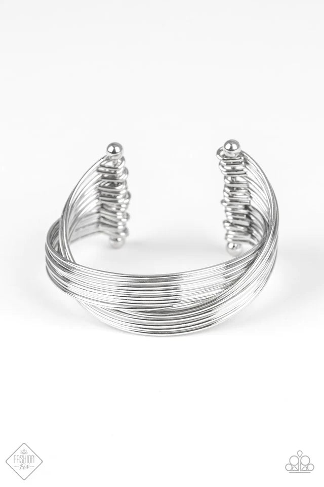 Urban Glam - Oversized Silver Duo Metallic Rods CrissCross Coalescing Bracelet B#4766