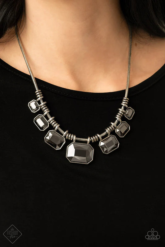 2-Piece Silver Oversized Smoky Hematite Encrusted Emerald Cut Set SET#6912