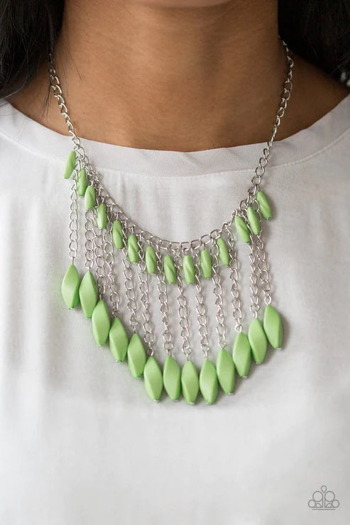 Venturous Vibes - Green Faceted Free-Falling Chain Fringe Necklace N#4135