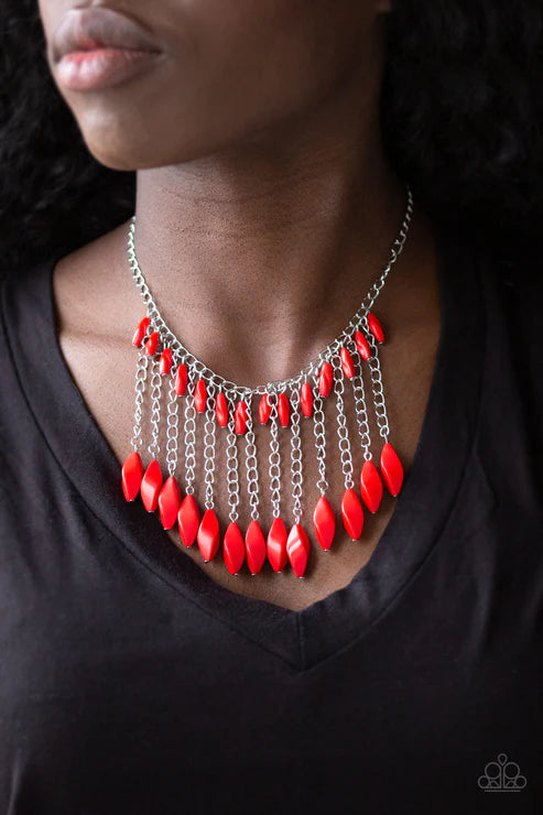Venturous Vibes - Red Faceted Free-Falling Chain Fringe Necklace N#3991