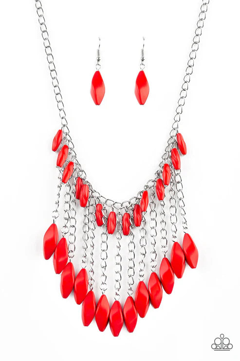 Venturous Vibes - Red Faceted Free-Falling Chain Fringe Necklace N#3991
