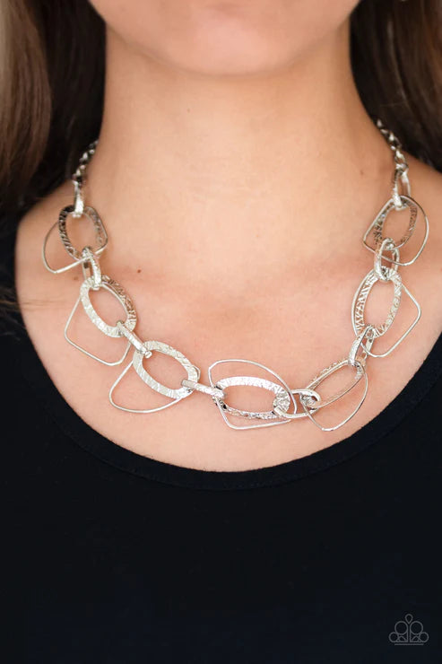 Very Avant-Garde - Silver Embossed Textured Connected Hoops Asymmetrical Edgy Industrial Necklace N#3892