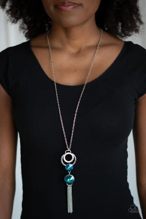 Very Fort-YOU-nate - Oversized Blue Encrusted Hoop Tassel Necklace N#6114