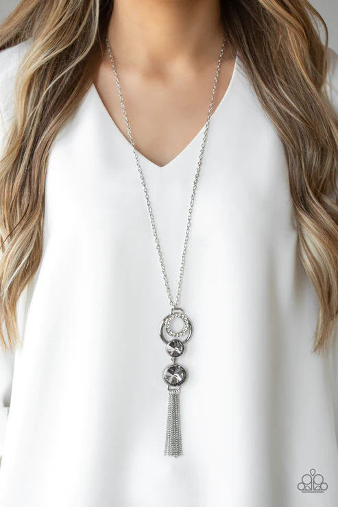 Very Fort-YOU-nate - Oversized Silver Smoky Encrusted Hoop Tassel Necklace N#5449