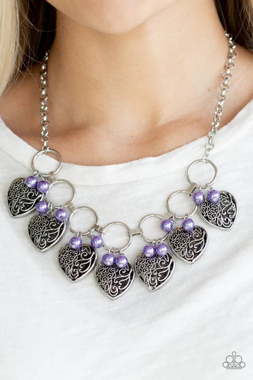 Very Valentine - Purple Pearl 3D Heart Locket Hoop Fringe Necklace N#3468