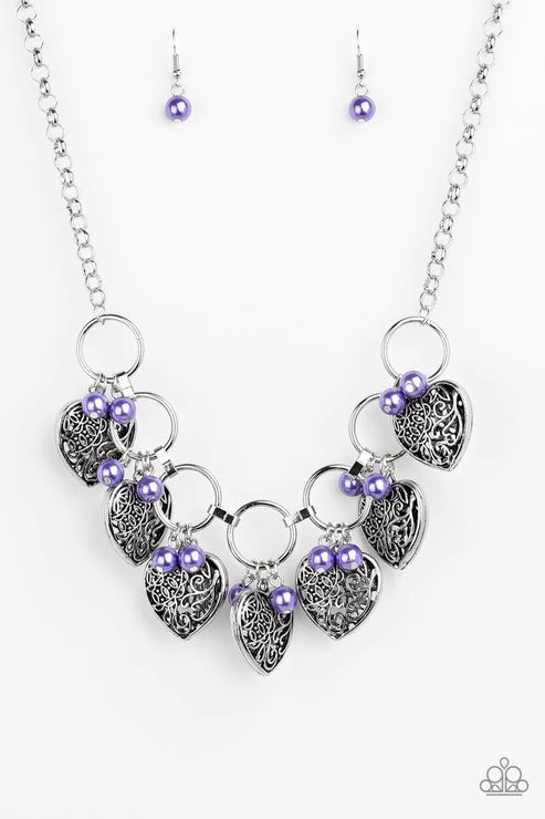 Very Valentine - Purple Pearl 3D Heart Locket Hoop Fringe Necklace N#3468