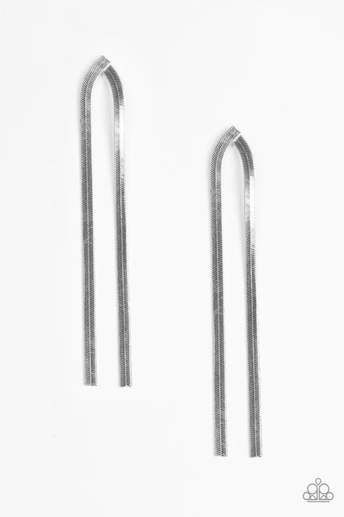 Very Viper - Oversized Silver Elegantly Elongating Flat Snake Chains Drip Earrings E#5692