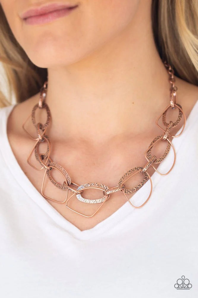 Very Avant-Garde - Copper Embossed Textured Connected Hoops Asymmetrical Edgy Industrial Necklace N#2167
