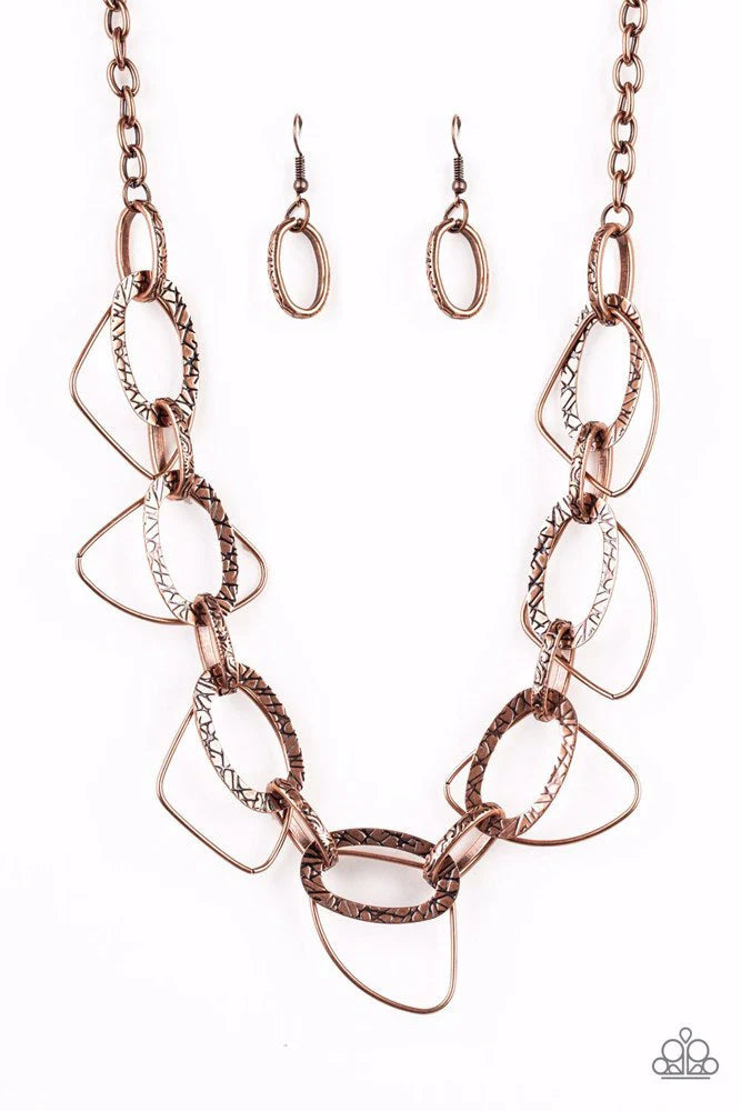 Very Avant-Garde - Copper Embossed Textured Connected Hoops Asymmetrical Edgy Industrial Necklace N#2167