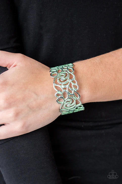 Victorian Gardens - Oversized Green Distressed 3D Floral Filigree Curled Cuff Bracelet B#3560