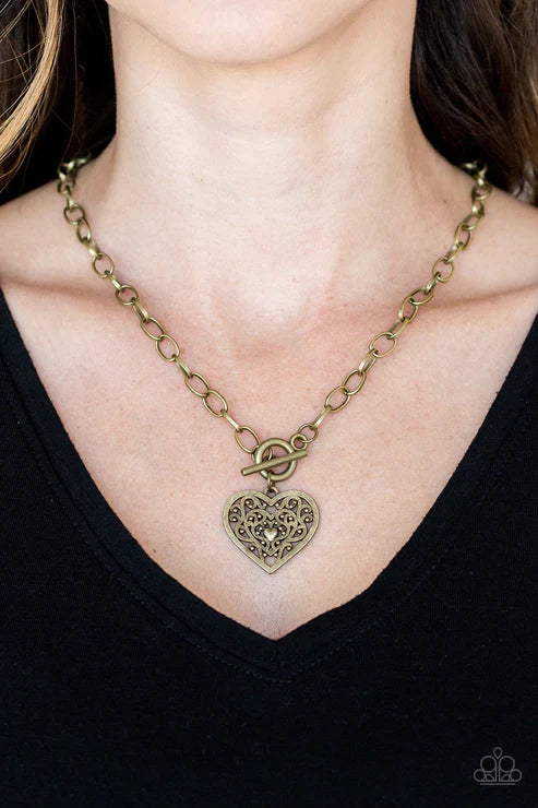 Victorian Romance - Brass Vintage Filigree Heart Tiffany Clap Necklace N#3836
