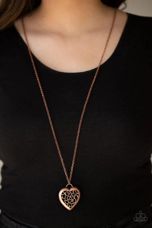 Victorian Valentine - Oversized Copper 3D Locket Heart Filigree Vine Necklace N#3200