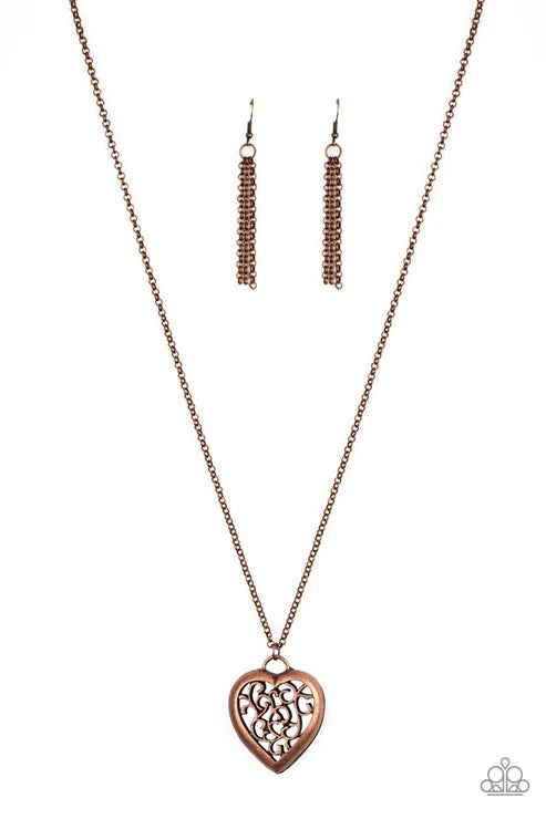 Victorian Valentine - Oversized Copper 3D Locket Heart Filigree Vine Necklace N#3200