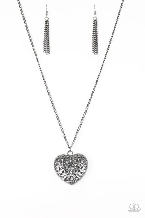 Victorian Virtue - Oversized Black Vintage 3D Heart Filigree Vine Necklace N#6515