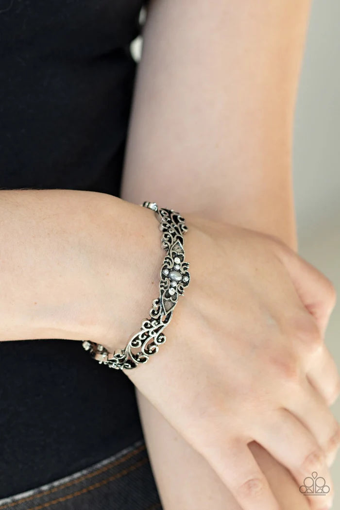 Victorian Vines - Silver Pearl Antiqued Encrusted Filigree Vine Cuff Bracelet B#2076