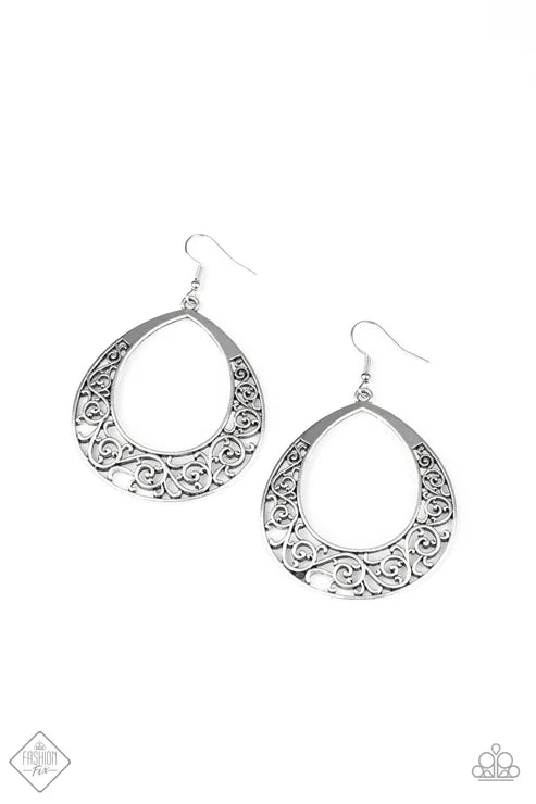 Vineyard Venture - Silver Swirl Vine Filigree Teardrop Hoop Earrings E#1078