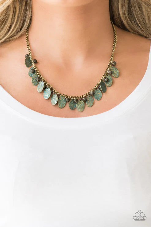 Vintage Gardens - Brass/Patina Ornate Embossed Floral Fringe Necklace N#4568