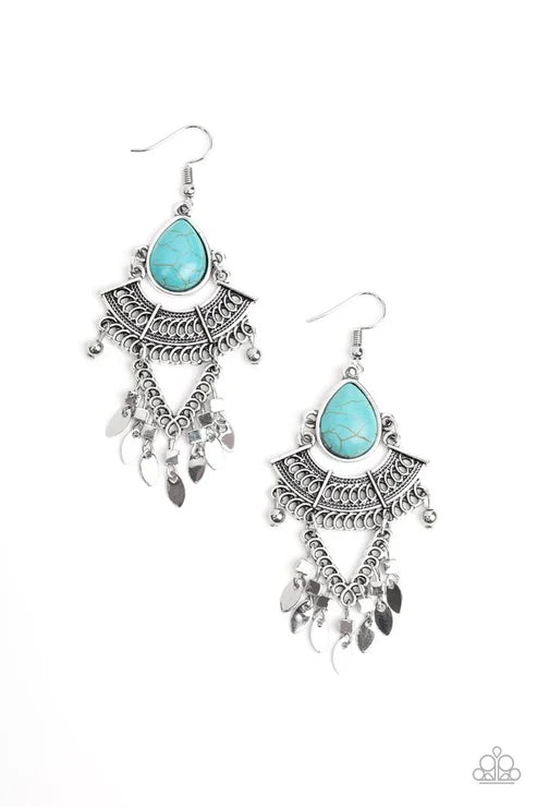 Vintage Vagabond - Blue Stone Tribal Teardrop Fringe Earrings E#3724