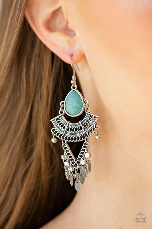 Vintage Vagabond - Blue Stone Tribal Teardrop Fringe Earrings E#3724