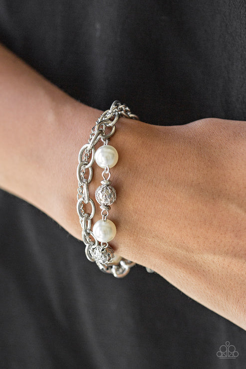 Vintage Variety - White Pearl Wrapped Wire Mesh Mismatched Shimmer Bracelet B#6478