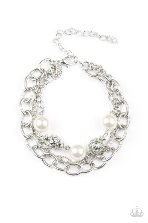 Vintage Variety - White Pearl Wrapped Wire Mesh Mismatched Shimmer Bracelet B#6478