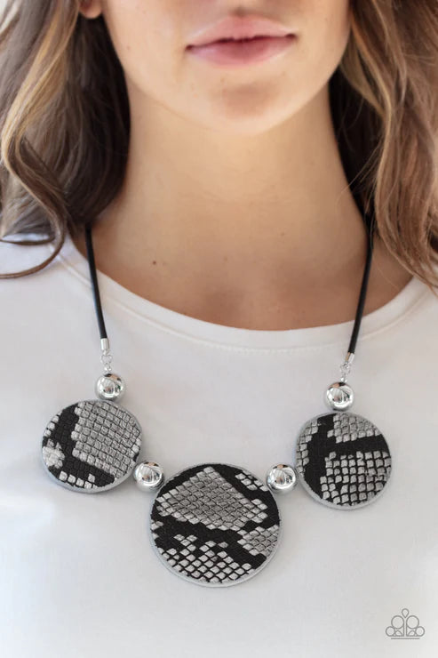 Viper Pit - Oversized Black/Silver Wild Python Leather Necklace N#4714