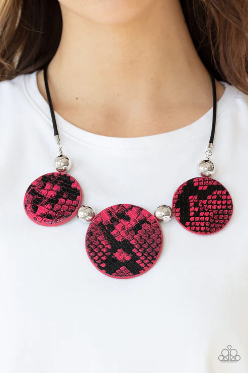 Viper Pit - Oversized Pink/Red Wild Python Leather Necklace N#3125