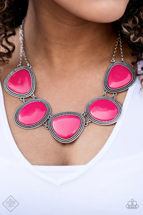 Viva La VIVID - Oversized Dramatic Pink Textured Asymmetrical Oval/Triangular Studded "Puffy" Necklace N#7281