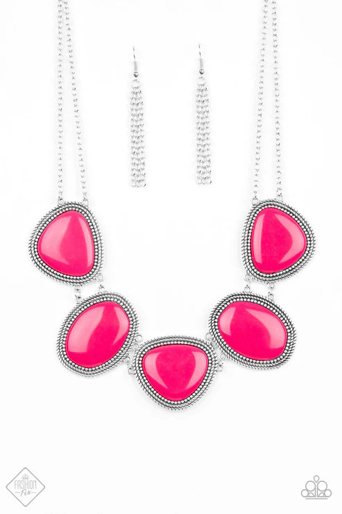 Viva La VIVID - Oversized Dramatic Pink Textured Asymmetrical Oval/Triangular Studded "Puffy" Necklace N#7281