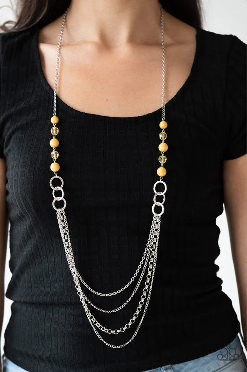 Vividly Vivid - Yellow Faceted Crystal Mismatched Hammered Hoop Necklace N#6343