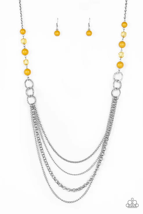 Vividly Vivid - Yellow Faceted Crystal Mismatched Hammered Hoop Necklace N#6343