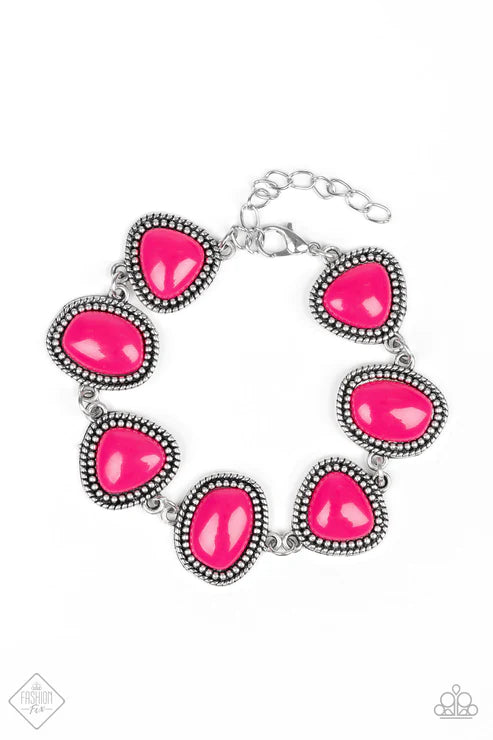 Vividly Vixen - Hot Pink Oval/Triangular Asymmetrical Studded "Puff" Textured Link Bracelet B#5891