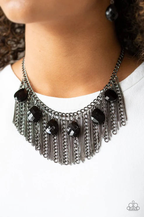 Vixen Conviction - Black/Gunmetal Faceted Mismatched Teardrop Chain Stream Fringe Necklace N#4445