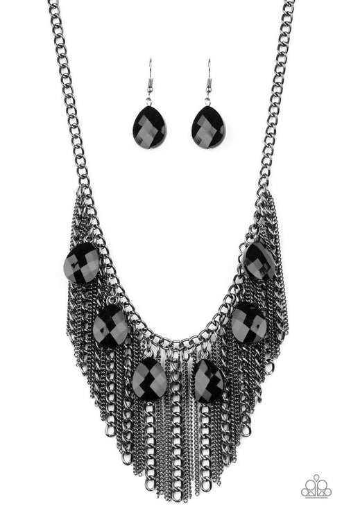 Vixen Conviction - Black/Gunmetal Faceted Mismatched Teardrop Chain Stream Fringe Necklace N#4445