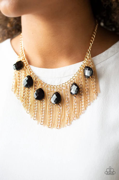 Vixen Conviction - Gold/Black Faceted Mismatched Teardrop Chain Stream Fringe Necklace N#6536