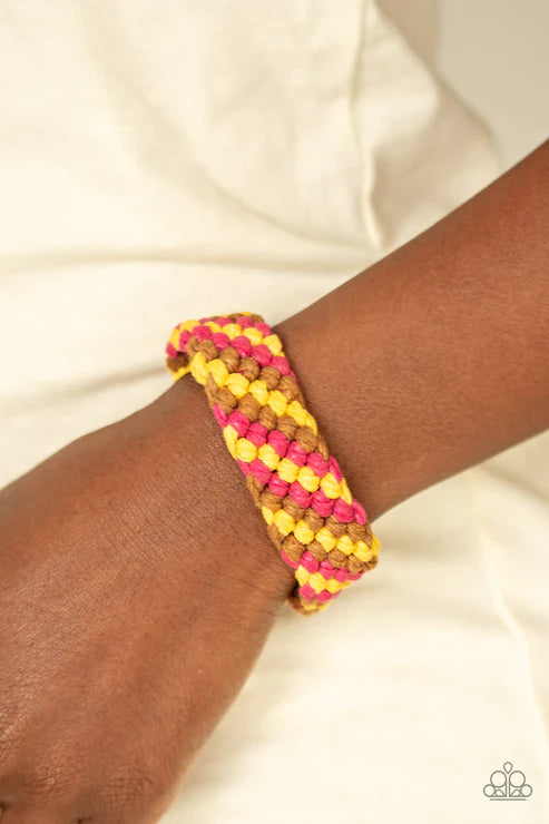 WEAVE No Trace - Oversized Pink/Brown/Yellow Braided Weaved Cord Adjustable Sliding Knot Closure Urban Bracelet B#3378