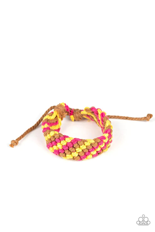 WEAVE No Trace - Oversized Pink/Brown/Yellow Braided Weaved Cord Adjustable Sliding Knot Closure Urban Bracelet B#3378