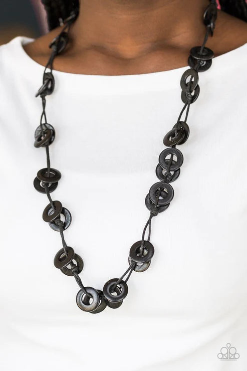 Waikiki Winds - Black Knotted Cord Distressed Wood Disc Necklace N#2934