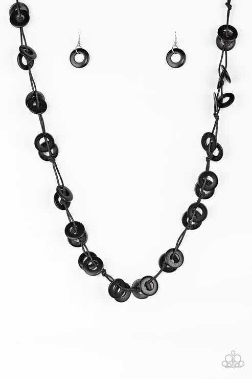 Waikiki Winds - Black Knotted Cord Distressed Wood Disc Necklace N#2934