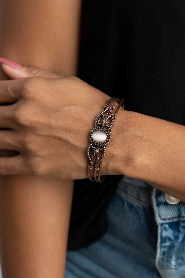 Wait and SEER - Copper Textured Filigree Whirl Cat's Eye Moonstone Cuff Bracelet B#7026